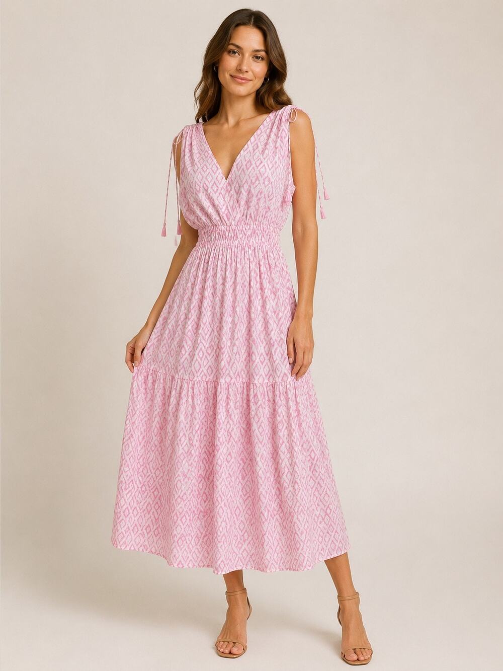 ✨Mer St Barth Noemie Pink Ikat Resort Ruched Shoulder Tie Dress Sz L